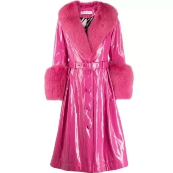 Saks Potts Pink Patent Lamb Leather Coat w/Fox Collar & Cuffs, Size 2/M - Picture 5 of 9